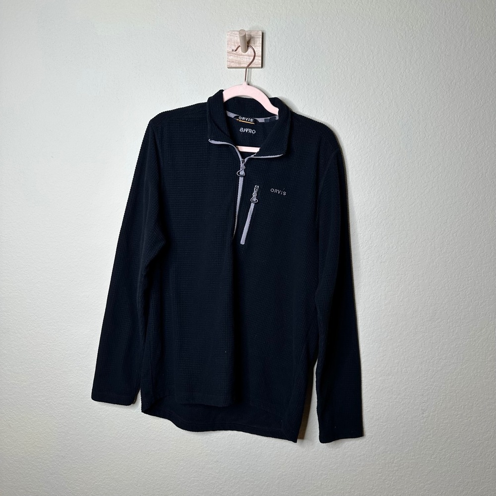 Orvis Mens Black Waffle Knit Quarter Zip Fleece Pullover Jacket Large Gorpcore